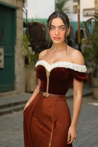 photo-realistic, ultra-realistic face, Israeli outfit, high-details, intricate facial details, plump duck lips, strike a pose,,woman in brown dress walking down street on sunny day,marzieh,vaanii,vidy