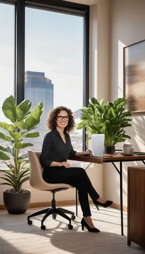 Luxury interior designer, female, 30s, professional attire, glasses, curly brown hair, natural makeup, standing, Scottsdale AZ, modern office space, minimalist decor, sleek wooden desk, ergonomic chai