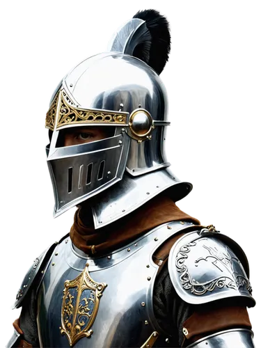 Medieval knight helmet, Camagli, silver metal, intricate engravings, golden accents, curved shape, pointed top, face mask, chin strap, worn leather padding, ornate crest, battle-worn, heroic pose, dra