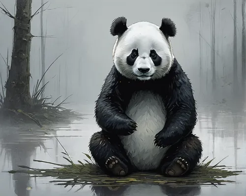 Write a suspenseful tale where Fuwa, a mischievous panda, gets lost in a dense fog and must find its way back home.,chinese panda,giant panda,panda bear,panda,little panda,pandabear,kawaii panda,baby 