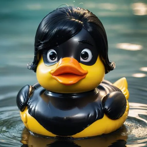 cgi image of a rubber duck with a black wig, black lipstick, black eyes with eyelashes, and black beak/bill, black full body latex outfit with ring,rubber duckie,rubber duck,rubber ducky,rubber ducks,