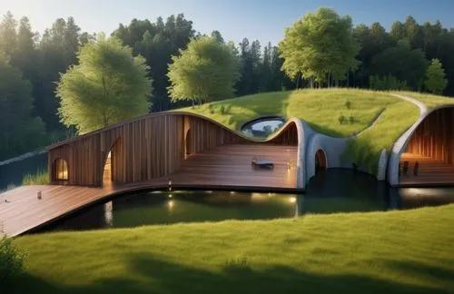 meditation area, wood material wall, ground wood, roof grass, open space, in front is a lake, behind is a forest, with many large trees, 3 o'clock afternoon daylight, realistic rendering,wooden bridge