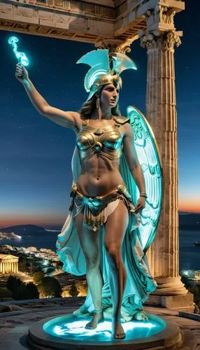 Athena defeated Poseidon in the competition for control of the city. She was called Athena Parthenon, which means "Virgin Athena".,a female dancer standing in front of an ancient statue,neptuno,hypnos