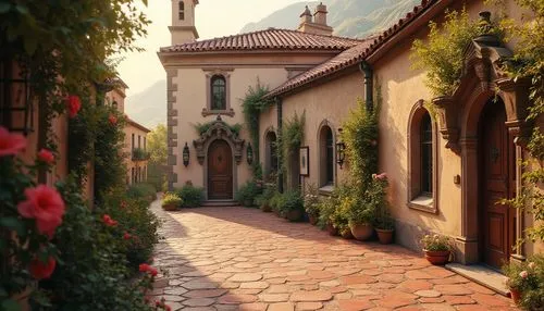 Warm chocolate brown buildings, rich terracotta roofs, creamy beige walls, ornate bronze details, earthy red stone pathways, lush greenery, vibrant flower accents, rustic wooden doors, distressed meta