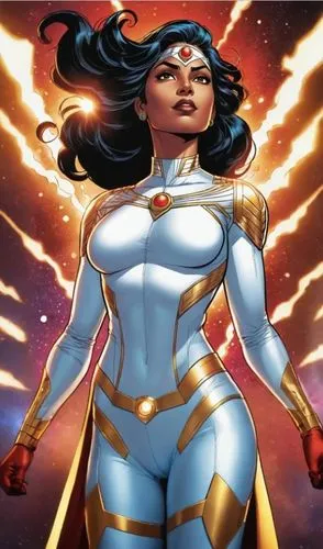 superhero pose,a woman in a white suit stands next to bright lights,barda,promethea,darna,ororo,lilandra,wonderwoman