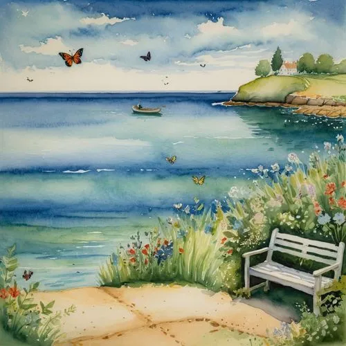 A heavenly seascape and soothing vegetation, a rowboat tied to the pier, a bench by the water, a butterfly flying in the background,
Girl running with a bouquet of flowers,bench by the sea,watercolor 