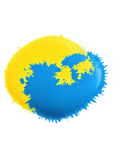 Paintball, colorful splatters, rounded shape, vibrant blue and yellow hues, glossy surface, detailed texture, metallic sheen, solo object, centered composition, shallow depth of field, softbox lightin