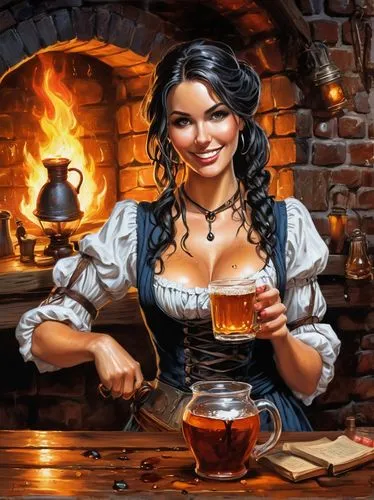 fantasy anthropomorphic a female waitress in dark medieval tavern holding a jug of ale in a cozy environment with oil lamps rustic wood warm brick fireplace and frosted glass windows, drunk face,barma