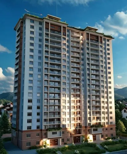 an apartment building sits in the background with a blue sky,italtel,residencial,inmobiliaria,kharghar,condominia,unitech,belapur,residential tower,condominium,panvel,leedon,vladikavkaz,appartment bui