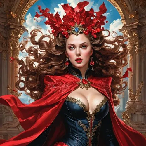 scarlet witch,queen of hearts,fantasy portrait,fantasy woman,fantasy art,lady in red,sorceress,the carnival of venice,masquerade,the enchantress,rosella,baroque angel,celtic queen,lady of the night,heroic fantasy,queen of the night,vampire woman,red rose,artemisia,fantasy picture,Art,Classical Oil Painting,Classical Oil Painting 01