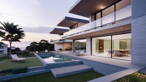 a large house with several decks and a swimming pool,modern house,3d rendering,modern architecture,luxury home,fresnaye,dunes house,Photography,General,Realistic