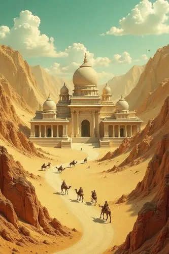 eaturing an ancient temples, with miniature figures and camel caravans walking, desert waves and golden sand dunes, sand mountains, with layers of undulating hills, entire scene, bird 's-eye view, sur