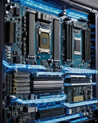 Computer bus architecture, futuristic motherboard design, intricate circuitry patterns, metallic silver lines, neon blue lights, CPU central processing unit, RAM random access memory, GPU graphics pro