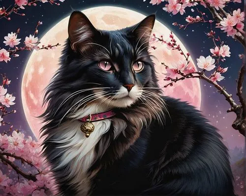 Whimsical cat, moon tattoo on forehead, sitting, relaxed posture, shiny black fur, sparkling eyes, cute nose ring, pink collar with silver bell, Japanese-inspired background, cherry blossom tree, soft