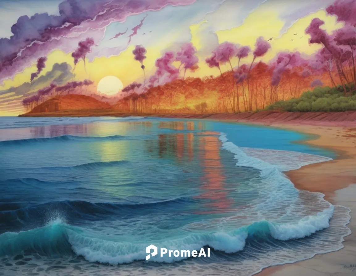 this painting shows the waves coming in to shore at sunset,beach landscape,sea landscape,coastal landscape,seascape,sunrise beach,sunset beach,Illustration,Realistic Fantasy,Realistic Fantasy 25