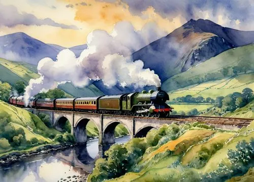 steam train,steam locomotives,talyllyn,glenfinnan,steam special train,steam railway,scotsman,hogwarts express,skarloey,bulleid,steam locomotive,eskdale,ivatt,watercolor background,waverley,lancastrian,hornby,cumbrian,stanier,threlkeld,Illustration,Paper based,Paper Based 06