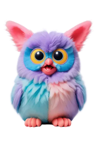 Furby toy, electronic pet, colorful fur, big round eyes, small nose, mouth closed, ears perked up, wings folded, sitting posture, soft lighting, pastel color tone, 3/4 composition, shallow depth of fi