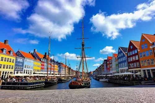 Nordic-inspired Danish architecture, modern urban design, Copenhagen cityscape, bright blue skies, few white clouds, historic Nyhavn harbor, colorful townhouses, ornate facades, steeply pitched roofs,