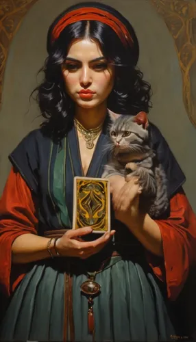 a painting of a woman holding a cat,orientalist,persian poet,woman holding pie,fortune teller,persians,orientalism