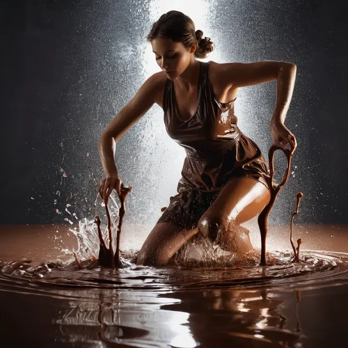 woman on all four playfully in chocolate puddle,splash photography,splashing,water splash,photoshoot with water,water splashes,lead-pouring,milk splash,chocolate syrup,splashing around,still water spl