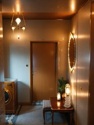 прихожая в стиле арт деко,an entry way with wood floor and lamp on the wall,japanese-style room,hallway space,treatment room,apartment,foyer,hallway,Photography,General,Realistic