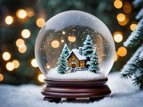 Snow globe aesthetic, delicate miniature winter wonderland, intricate snowflakes gently falling, frosty glass sphere, ornate wooden base, soft warm lighting, cozy cabin in the background, snowy pine t