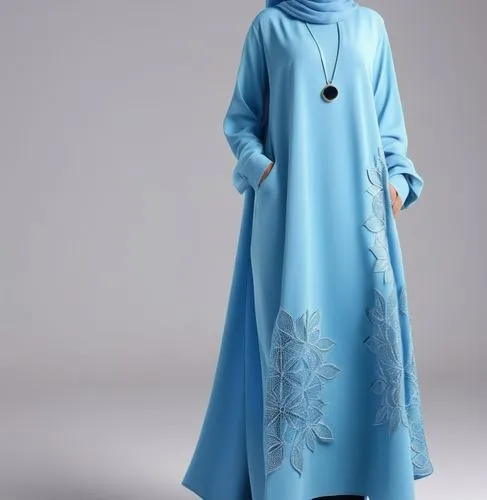 3d fashion drawing for Muslim hijab with 4k with loose design with  with suede with dots with ،with light blue with 3d drawing ,woman in blue abam and hijab in a gray background,kurung,abayas,abaya,ka