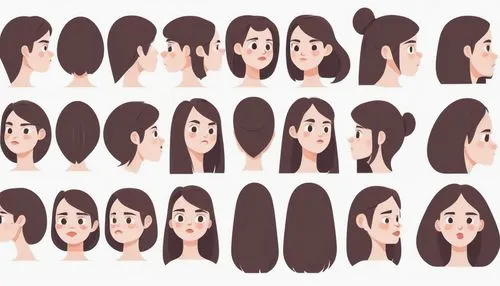 Woman hair, multiple angle views, minimalist 2d cartoon style, simple flat colors,hairstyles,hair loss,layered hair,hairstyle,hime cut,hairs,hair shear,oriental longhair,icon set,pin hair,asian semi-l