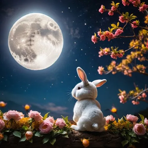 bunny on flower,moon and star background,easter background,moon night,moonlit night,pascua,Photography,General,Cinematic