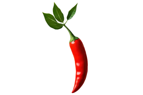 Red chilli pepper, solo, glossy surface, vibrant red color, stem attached, green leaves, detailed texture, shallow depth of field, soft natural light, 3/4 composition, warm color tone, cinematic light