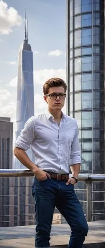 Male, young adult, 20s, bachelor of architecture degree, solo, standing, confident posture, black glasses, short brown hair, casual makeup, white shirt, dark blue jeans, black sneakers, holding a roll