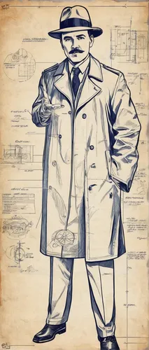 private investigator,investigator,engineer,inspector,white-collar worker,al capone,railroad engineer,detective,navy suit,vintage drawing,retro 1950's clip art,tailor,blue-collar worker,spy visual,advertising figure,cartoon doctor,blueprint,men's suit,conductor,overcoat,Unique,Design,Blueprint