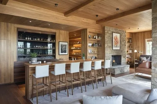 a cozy chalet-style bar with polished wood and rich mahogany accents stands tall in a cozy room, surrounded by lush green trees. The bar is decorated with classic French music and a warm fire crackles