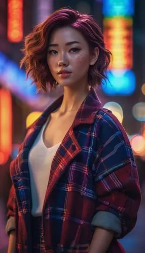 flannel,maeve,tartan,asian woman,portrait background,cyberpunk,Conceptual Art,Sci-Fi,Sci-Fi 26