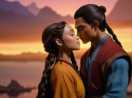 Katara, Aang, intimate moment, tender lips, gentle kiss, warm skin tone, messy Avatar hair, Water Tribe outfit, Air Nomad attire, soft focus, golden lighting, sunset backdrop, misty atmosphere, peacef