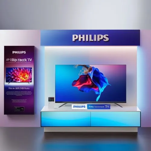 A Ph ilips television display with a blue and violet oled light effect on the background, white tv racks surrounded by Philips branding and promotional materials,plasma tv,philips,web mockup,philipse,