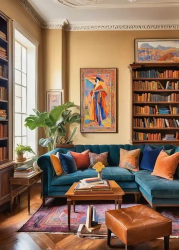 reading room,sitting room,bookshelves,livingroom,living room,apartment lounge,bookcases,mid century modern,mid century sofa,aperol,furnishings,interior decor,contemporary decor,book wall,bookcase,sofa set,great room,modern decor,teal and orange,family room,Conceptual Art,Oil color,Oil Color 25