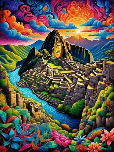 machupicchu,machu pichu,machu picchu,machu,machu pi,pachamama,el salvador dali,incas,meteora,mountain settlement,mountain village,aztec,indigenous painting,psychedelic art,mountain scene,annapurna,albuquerque,maya city,inca,church painting,Illustration,Realistic Fantasy,Realistic Fantasy 39