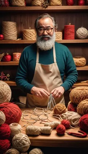 Middle-aged man, ugly Christmas sweater designer, bespectacled, receding hairline, bushy eyebrows, thick beard, worn jeans, faded apron, surrounded by balls of yarn, half-finished sweaters, scissors, 