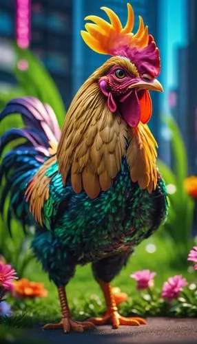 Cute cockerel, fluffy feathers, orange beak, bright curious eyes, standing, garden, green grass, colorful flowers, sunny day, warm lighting, shallow depth of field, cute animal, realistic, soft focus,