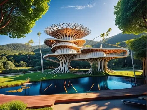 futuristic architecture,eco hotel,futuristic landscape,garden design sydney,solar cell base,landscape design sydney,modern architecture,landscape designers sydney,eco-construction,mushroom landscape,futuristic art museum,sky space concept,outdoor structure,luxury property,archidaily,tree house hotel,cube stilt houses,tree mushroom,golf resort,tree house