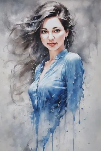 A captivating, close-up portrait of a woman, her eyes closed and hair swept to the side, suspended in a serene blue hue. Water gracefully cascades around her neck and chest, adding a dynamic sense of 