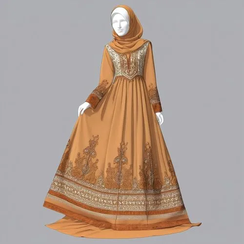 Digital drawing fashion for Muslim hijab with suede with 3D loose style very loose style ,the woman is wearing a brown dress and has gold accents,tahiliani,dupatta,dress form,sabyasachi,anarkali,ancie