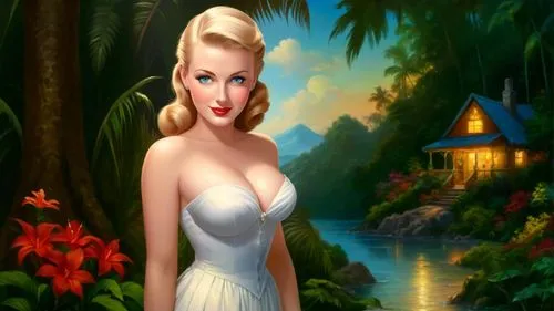 Romantic masterpiece oil painting, cute girl portrait, nostalgic 1950's style kitsch, vibrant rainforest landscape, lush tropical jungle paradise, summer beach vacation seaside cottage sunset scenery,