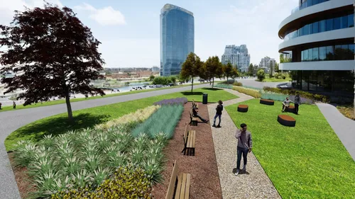 create a modern business building on the right side and a park on the background,hafencity,smart city,urban design,3d rendering,urban development,street plan,bicycle path,landscape design sydney,urban