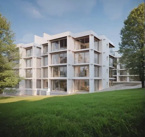 grass and trees
,a picture of an unusual white building on the grass,passivhaus,plattenbau,europan,appartment building,arkitekter,maisonettes