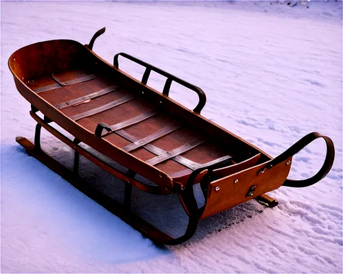 Winter sled, frozen mountain slope, snowy landscape, wooden sled, iron runners, worn leather seat, rusty metal handles, frosty morning air, soft sunlight, 3/4 composition, shallow depth of field, warm