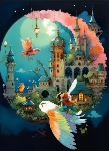 colorful luxury,rosegold,bird,moon,fairy tale,the artwork shows a bird and castle surrounded by trees,fairy world,fantasy world,fairyland,neverland,fantasy picture,smallworld,Illustration,Realistic Fa