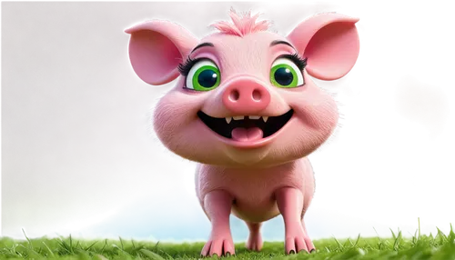 Cartoon hog, funny facial expression, rounded ears, pink nose, curly tail, mud-stained fur, bright eyes, smiling mouth, dynamic pose, playful action, green grass background, warm lighting, shallow dep