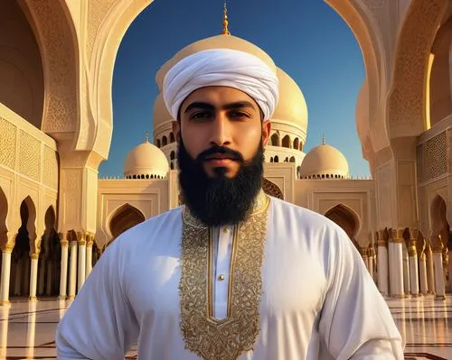 Arabian prince, Alif-Lãm-Mĩm, handsome, majestic beard, white thawb, golden embroidery, luxurious fabrics, intricately designed patterns, ornate chest armor, regal posture, standing, grand mosque, int